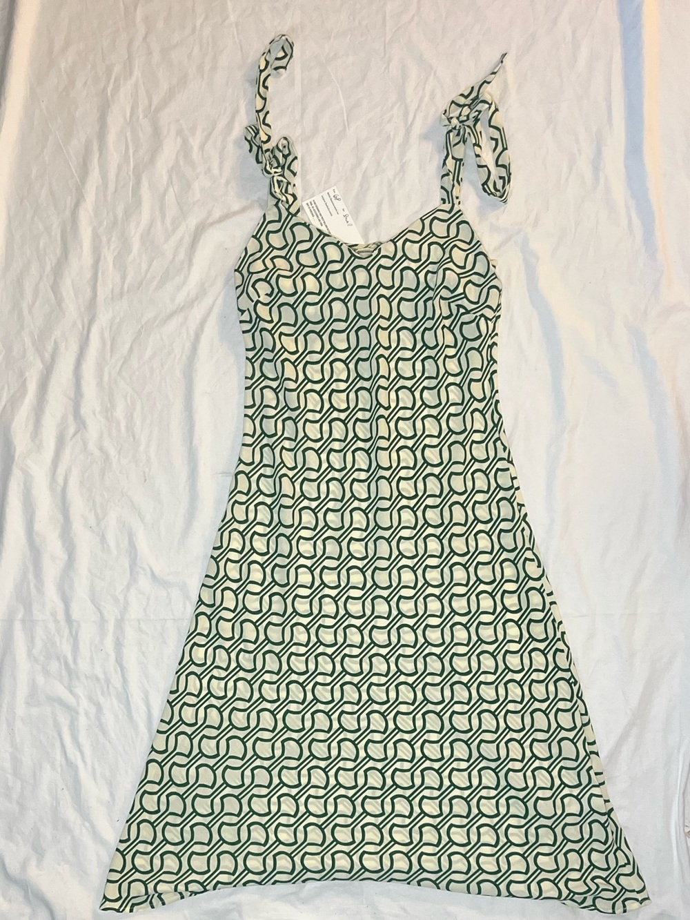 Audrey 3+1 Green and Cream Midi Tie-Shoulder Dress Size S